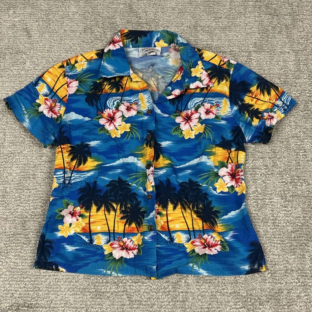 Pacific Legend Shirt Womens Small Hawaiian Floral Aloha Resort Beach Palm Trees